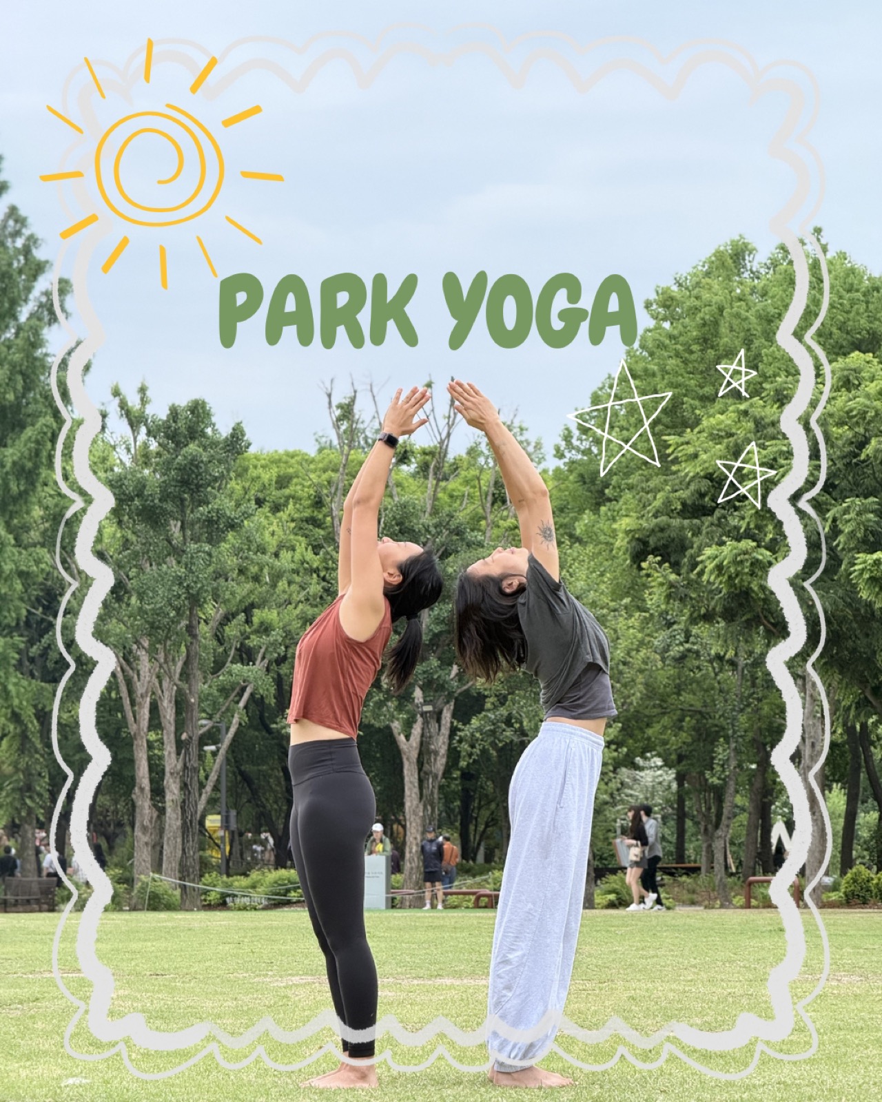 Wide view of an outdoor yoga class in Seoul
